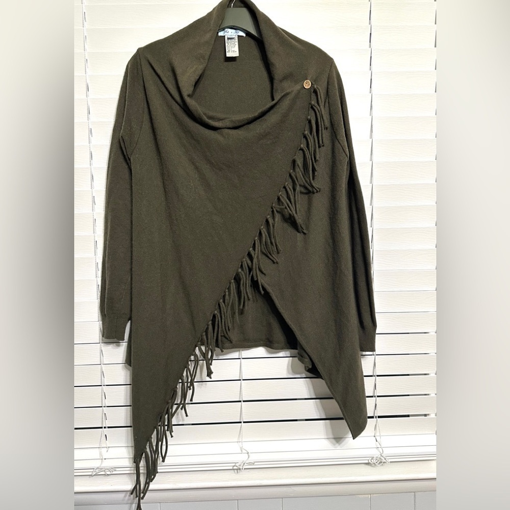 #20) She + Sky Olive green wrap fringe cardigan Size S